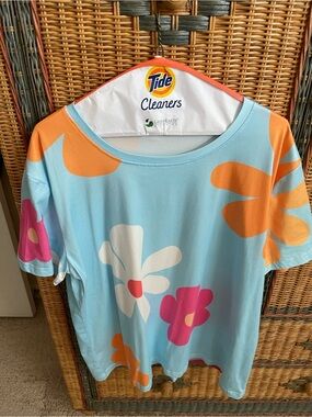 Nameless Light Blue Floral Short Sleeve Tee with Orange and Pink Accents